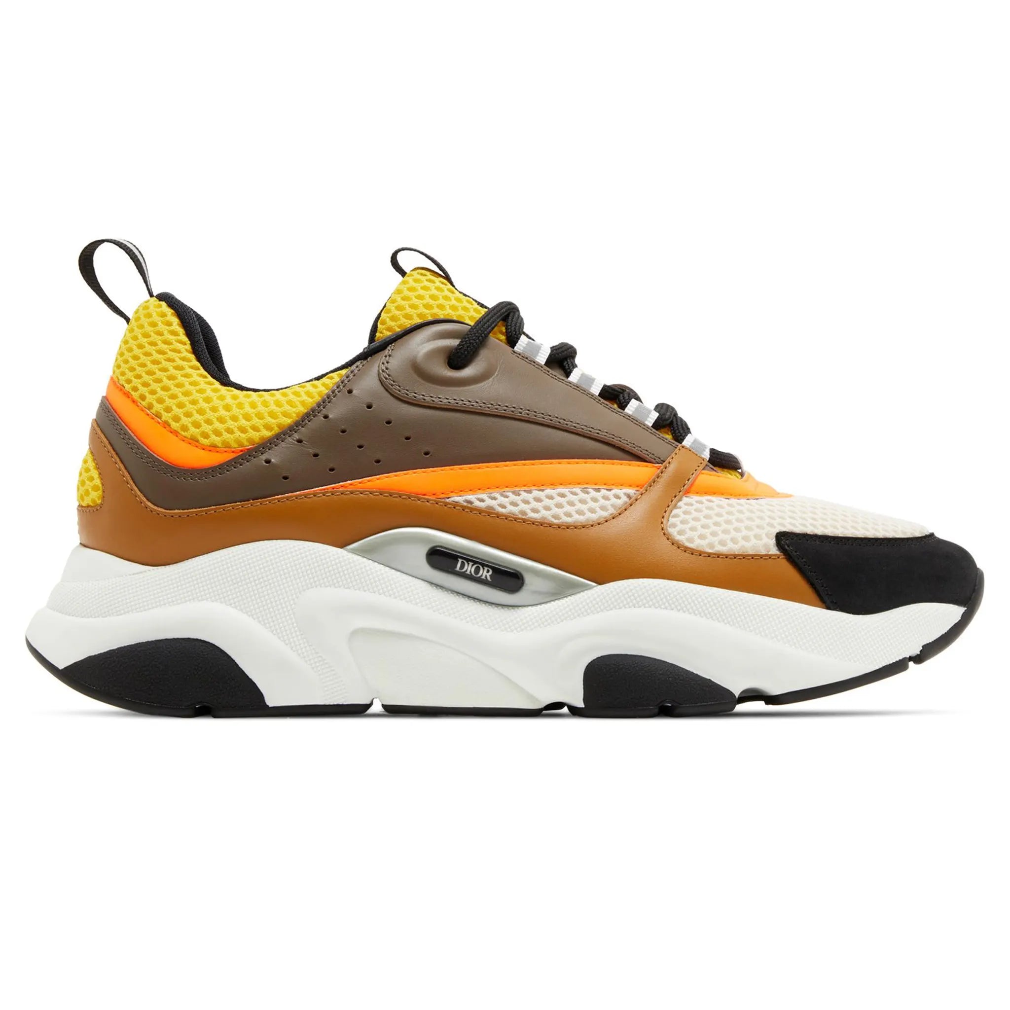 Front side view of Dior B22 Ebony Camel Yellow Calfskin Trainer 3SN231YRK_H267